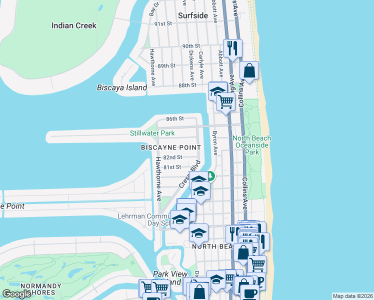 map of restaurants, bars, coffee shops, grocery stores, and more near 626 82nd Street in Miami Beach