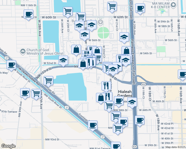 map of restaurants, bars, coffee shops, grocery stores, and more near 316 Northwest 80th Court in Hialeah Gardens