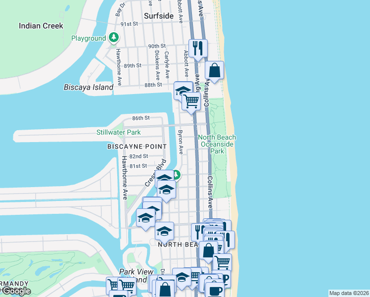 map of restaurants, bars, coffee shops, grocery stores, and more near 8300 Abbott Avenue in Miami Beach