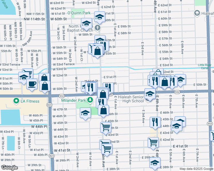 map of restaurants, bars, coffee shops, grocery stores, and more near 34 East 50th Place in Hialeah