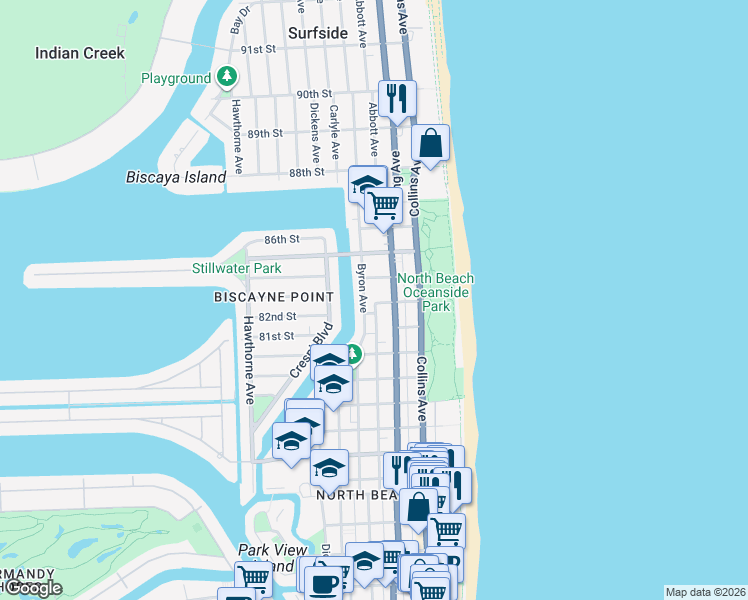 map of restaurants, bars, coffee shops, grocery stores, and more near 8216 Florida A1A in Miami Beach
