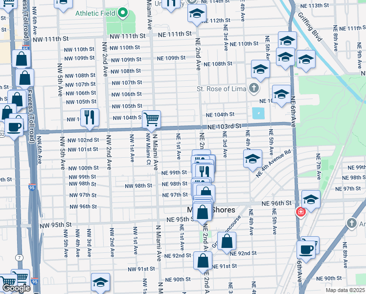 map of restaurants, bars, coffee shops, grocery stores, and more near 78 Northeast 101st Street in Miami Shores