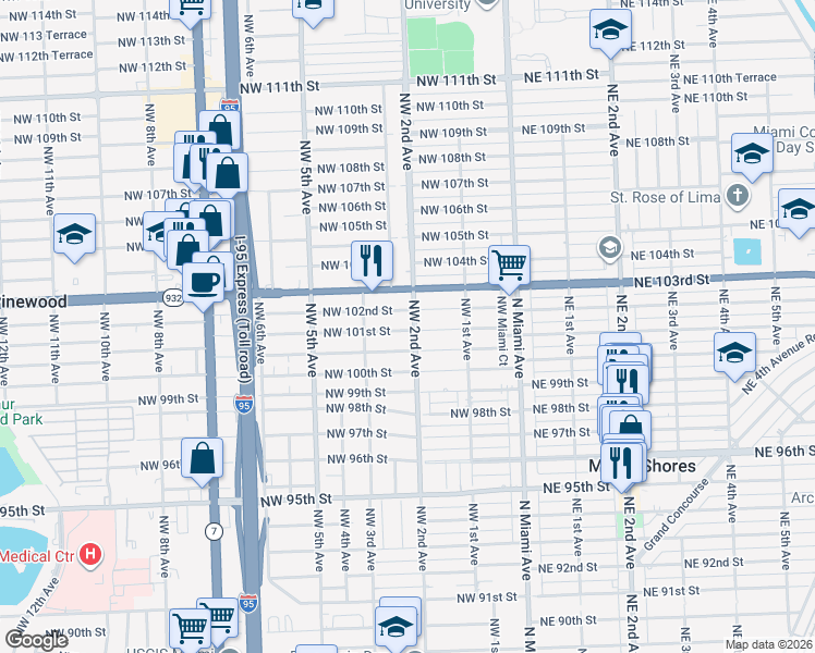 map of restaurants, bars, coffee shops, grocery stores, and more near 10086 Northwest 2nd Avenue in Miami Shores