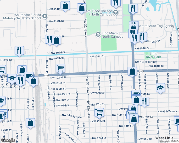 map of restaurants, bars, coffee shops, grocery stores, and more near 3161 Northwest 102nd Street in Miami