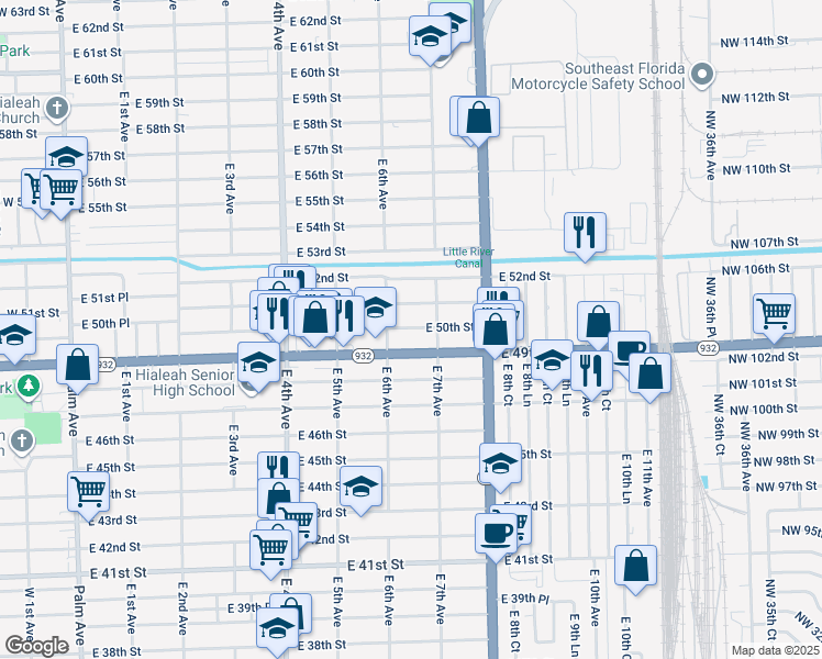 map of restaurants, bars, coffee shops, grocery stores, and more near 665 East 49th Street in Hialeah