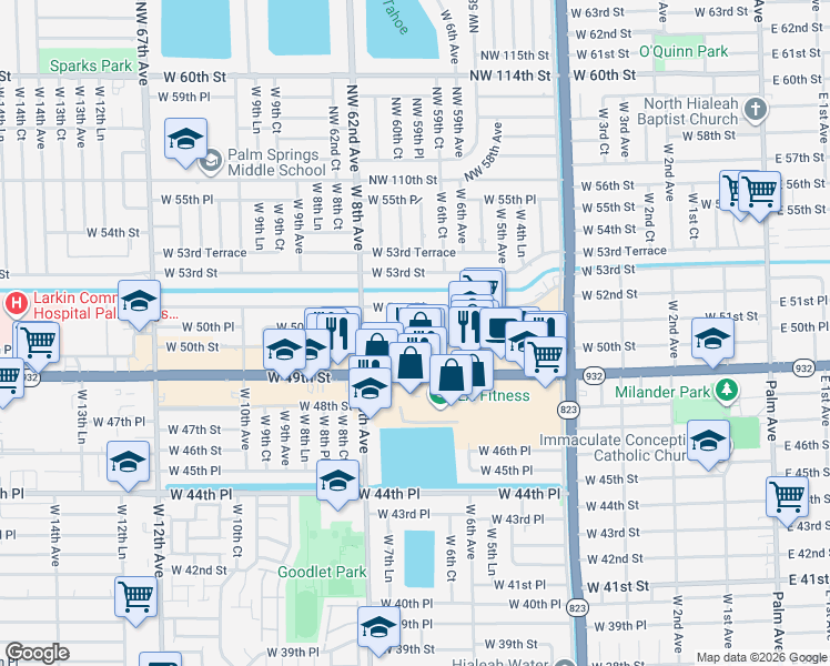 map of restaurants, bars, coffee shops, grocery stores, and more near 670 West 50th Street in Hialeah