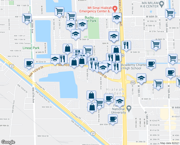 map of restaurants, bars, coffee shops, grocery stores, and more near 316 Northwest 80th Court in Hialeah Gardens