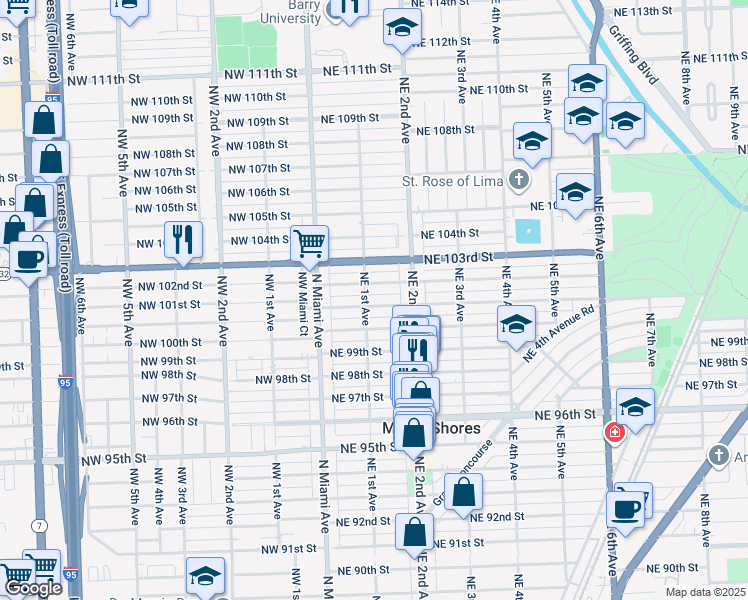 map of restaurants, bars, coffee shops, grocery stores, and more near 78 Northeast 101st Street in Miami Shores