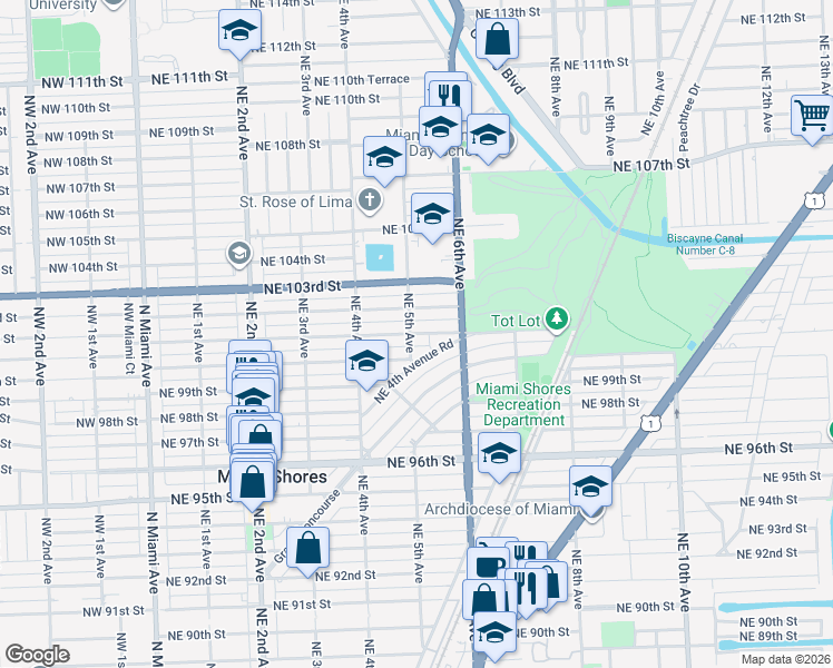 map of restaurants, bars, coffee shops, grocery stores, and more near 9942 Northeast 4th Avenue Road in Miami Shores