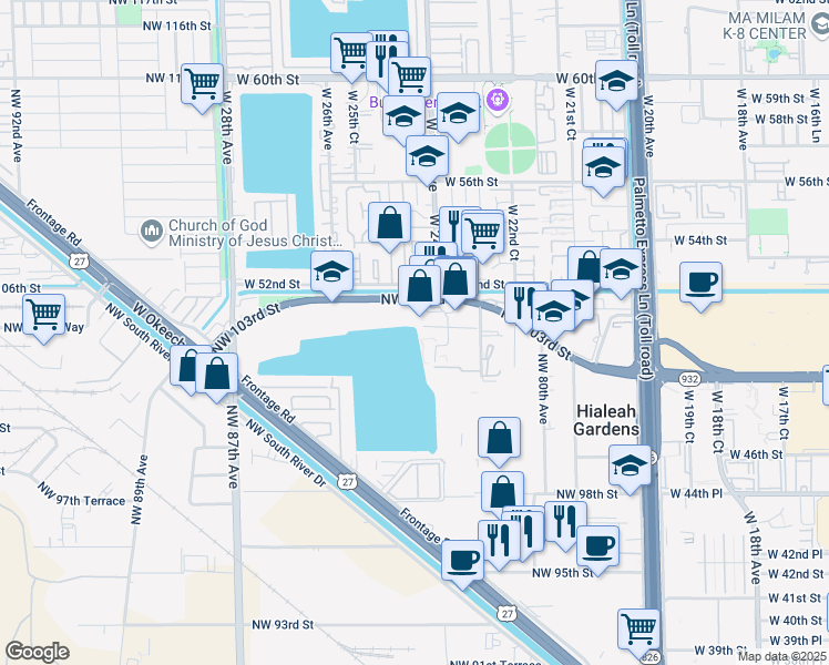 map of restaurants, bars, coffee shops, grocery stores, and more near 160 West 24th Avenue in Hialeah Gardens