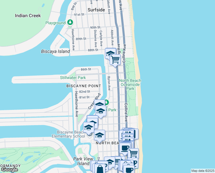 map of restaurants, bars, coffee shops, grocery stores, and more near 8310 Byron Avenue in Miami Beach