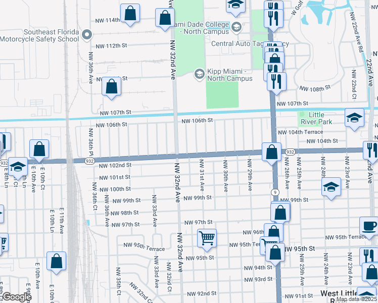 map of restaurants, bars, coffee shops, grocery stores, and more near 3161 Northwest 102nd Street in Miami
