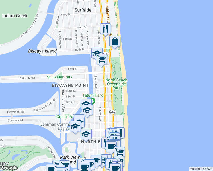 map of restaurants, bars, coffee shops, grocery stores, and more near 8216 Florida A1A in Miami Beach