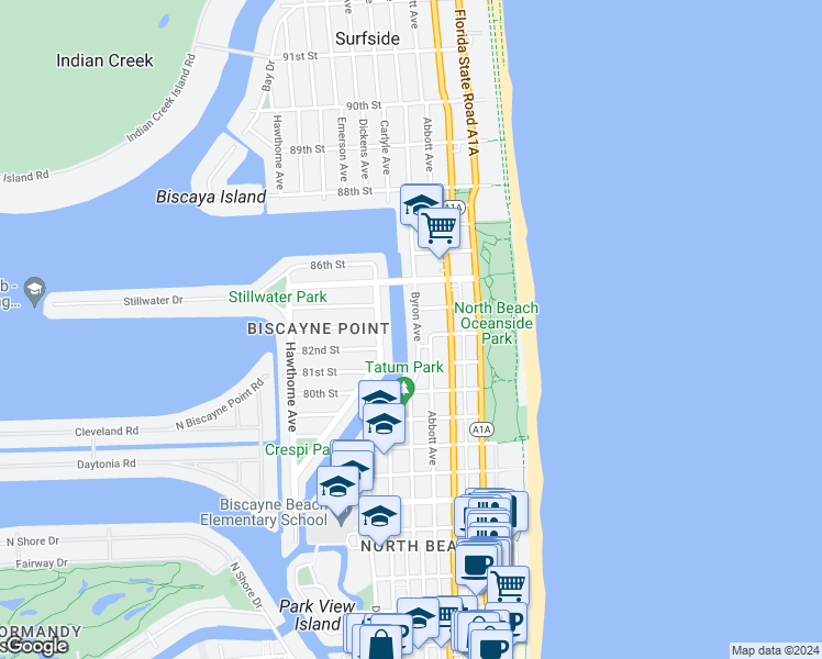 map of restaurants, bars, coffee shops, grocery stores, and more near 8240 Byron Avenue in Miami Beach