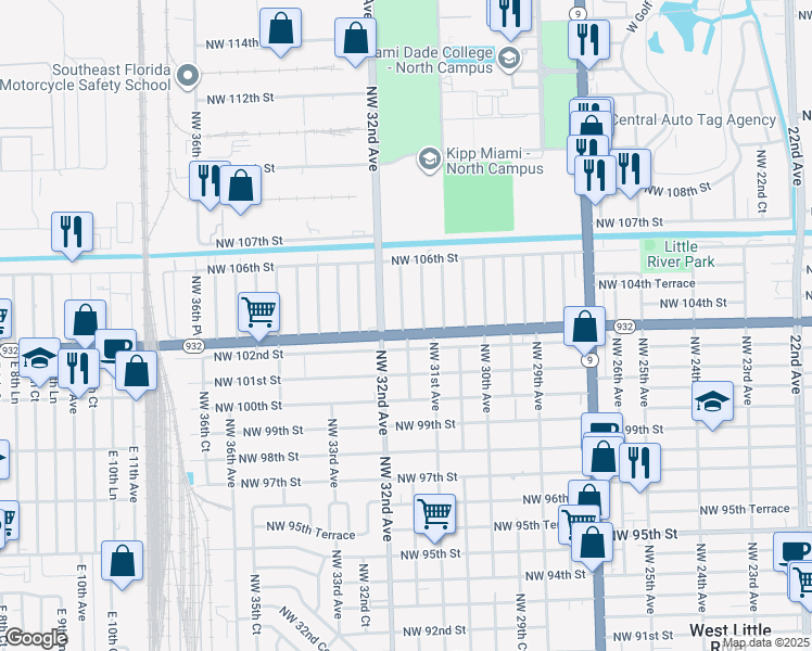 map of restaurants, bars, coffee shops, grocery stores, and more near 3161 Northwest 102nd Street in Miami