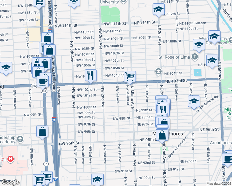map of restaurants, bars, coffee shops, grocery stores, and more near 125 Northwest 100th Terrace in Miami Shores