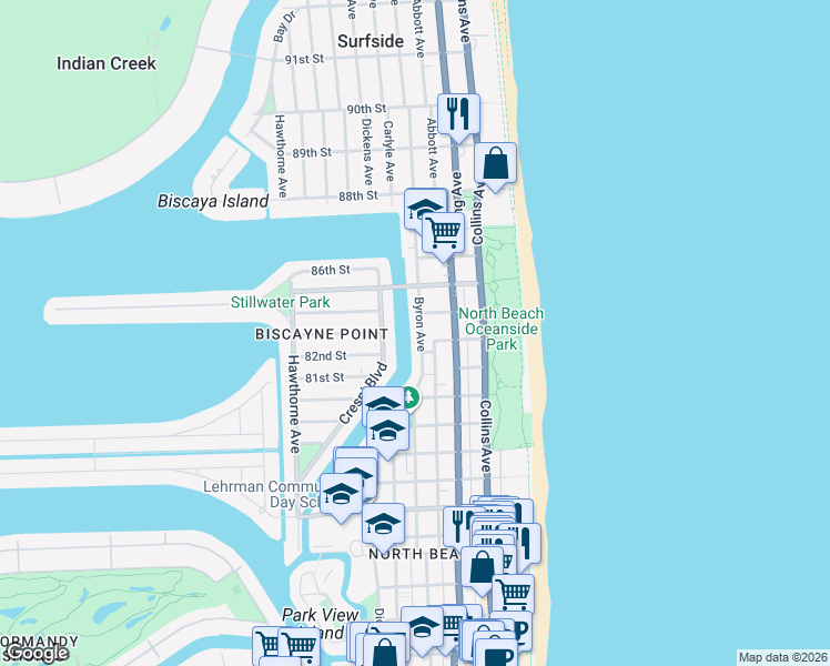 map of restaurants, bars, coffee shops, grocery stores, and more near 8240 Byron Avenue in Miami Beach
