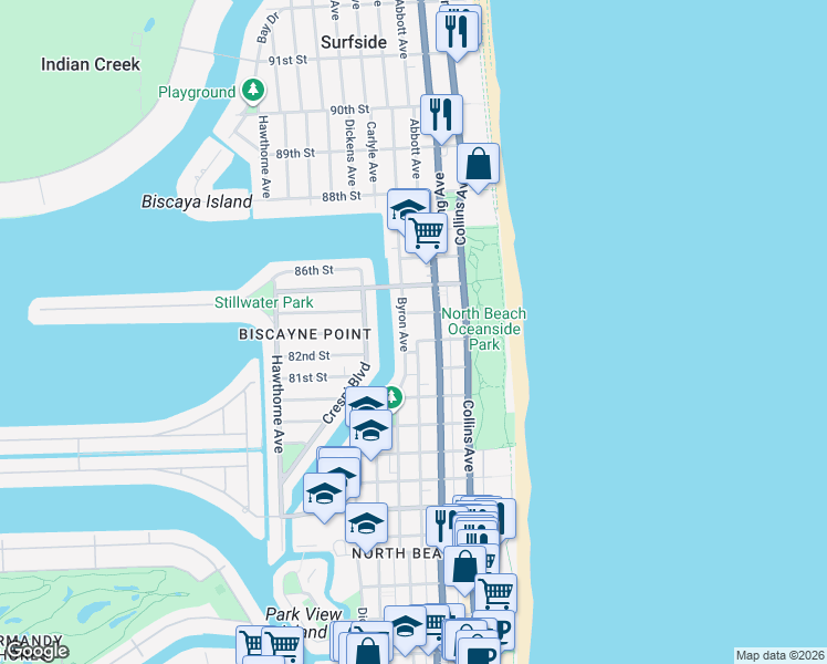 map of restaurants, bars, coffee shops, grocery stores, and more near 8400 Byron Avenue in Miami Beach