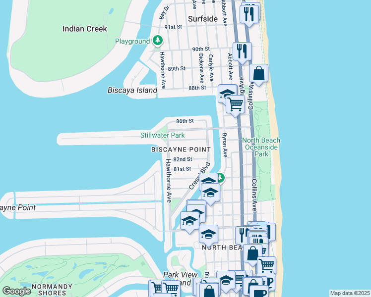 map of restaurants, bars, coffee shops, grocery stores, and more near 745 84th Street in Miami Beach