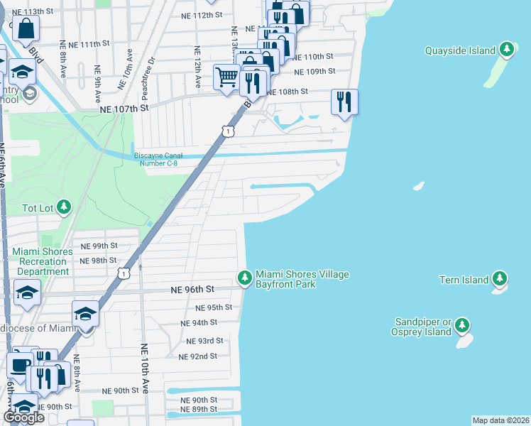 map of restaurants, bars, coffee shops, grocery stores, and more near 1430 Northeast 102nd Street in Miami Shores