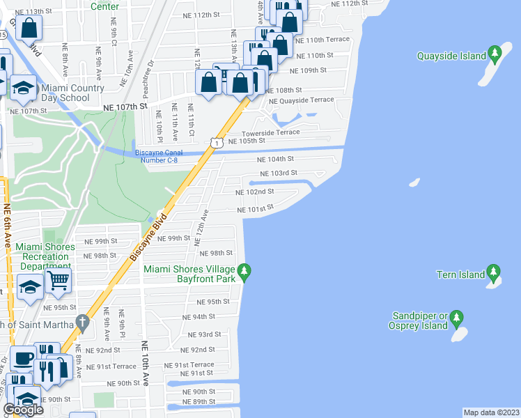 map of restaurants, bars, coffee shops, grocery stores, and more near 1420 Northeast 101st Street in Miami Shores