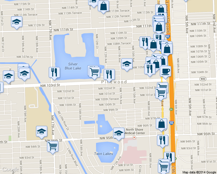 map of restaurants, bars, coffee shops, grocery stores, and more near 1186 Northwest 103rd Street in Miami