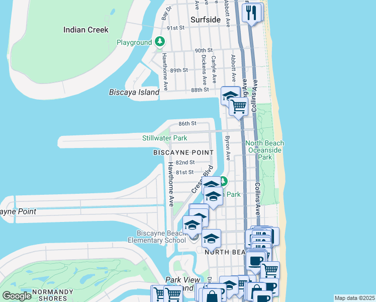 map of restaurants, bars, coffee shops, grocery stores, and more near 735 83rd Street in Miami Beach