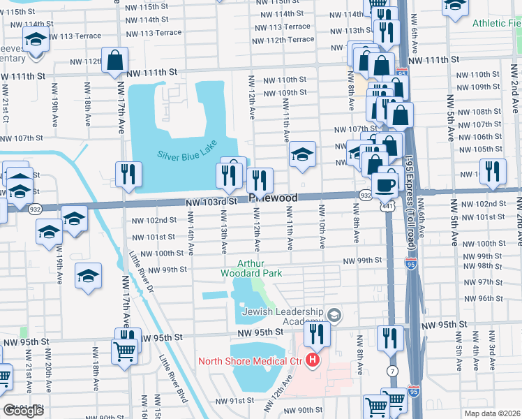 map of restaurants, bars, coffee shops, grocery stores, and more near 1186 Northwest 103rd Street in Miami