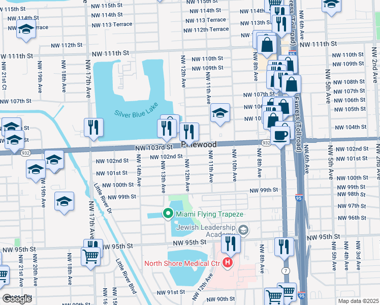 map of restaurants, bars, coffee shops, grocery stores, and more near 10205 Northwest 12th Avenue in Miami