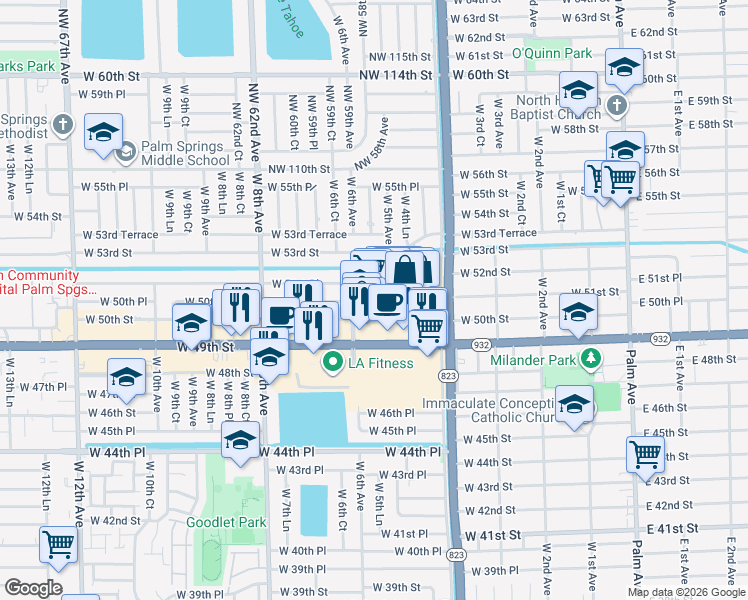 map of restaurants, bars, coffee shops, grocery stores, and more near 528 West 51st Place in Hialeah