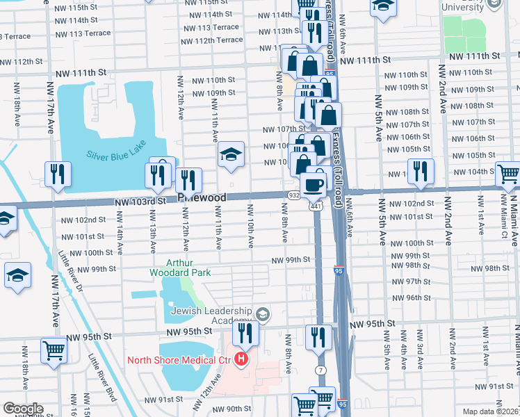 map of restaurants, bars, coffee shops, grocery stores, and more near in Pinewood