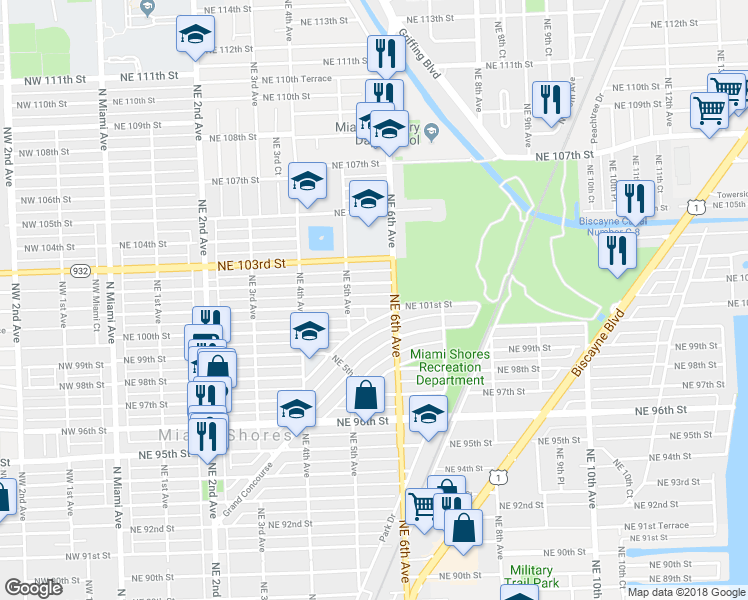 map of restaurants, bars, coffee shops, grocery stores, and more near 553 Northeast 101st Street in Miami Shores