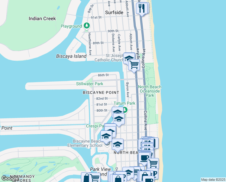 map of restaurants, bars, coffee shops, grocery stores, and more near 8340 Crespi Boulevard in Miami Beach