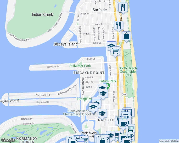map of restaurants, bars, coffee shops, grocery stores, and more near 745 84th Street in Miami Beach