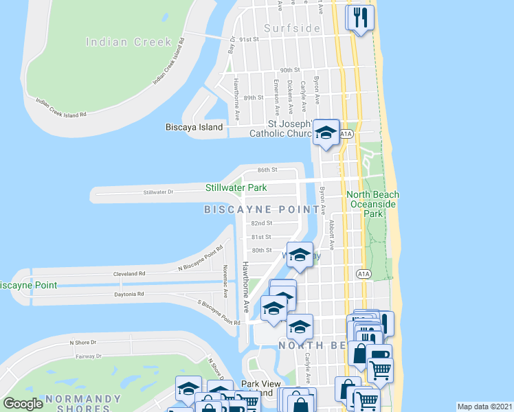 map of restaurants, bars, coffee shops, grocery stores, and more near 8403 Hawthorne Avenue in Miami Beach
