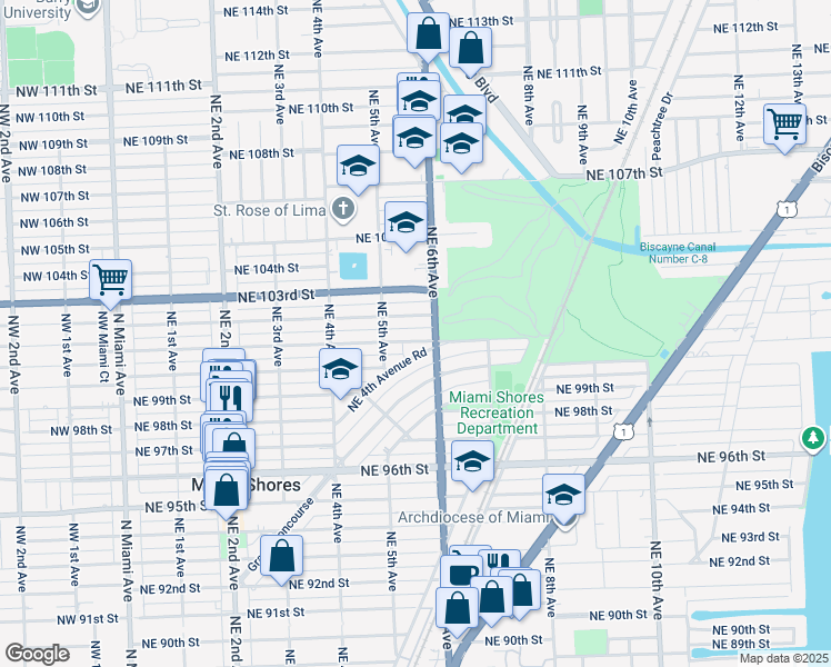 map of restaurants, bars, coffee shops, grocery stores, and more near 517 Northeast 102nd Street in Miami Shores