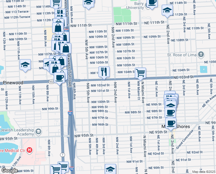 map of restaurants, bars, coffee shops, grocery stores, and more near 290 Northwest 103rd Street in Miami