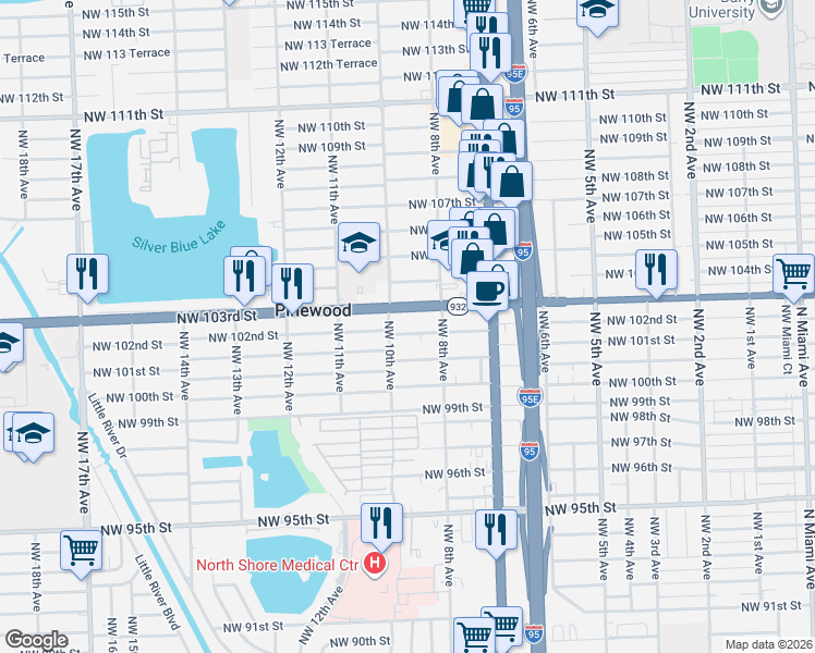 map of restaurants, bars, coffee shops, grocery stores, and more near in Pinewood