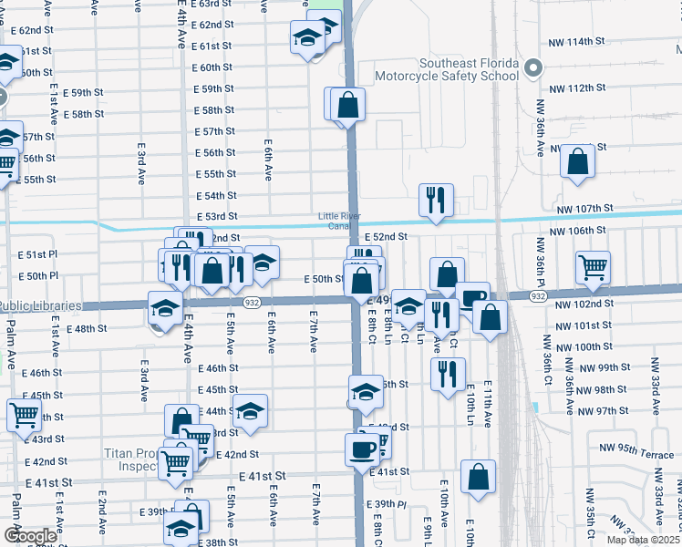 map of restaurants, bars, coffee shops, grocery stores, and more near 748 East 51st Street in Hialeah