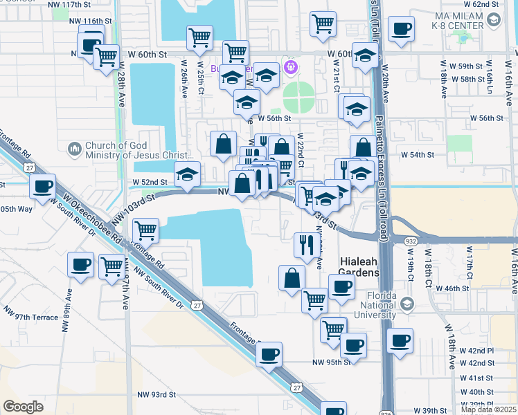 map of restaurants, bars, coffee shops, grocery stores, and more near 163 Royal Palm Road in Hialeah Gardens
