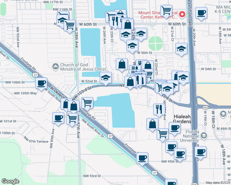 map of restaurants, bars, coffee shops, grocery stores, and more near 8302 Northwest 103rd Street in Hialeah