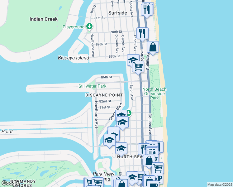 map of restaurants, bars, coffee shops, grocery stores, and more near in Miami Beach