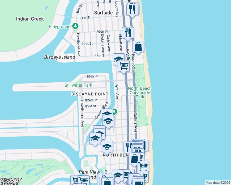 map of restaurants, bars, coffee shops, grocery stores, and more near 8400 Byron Avenue in Miami Beach