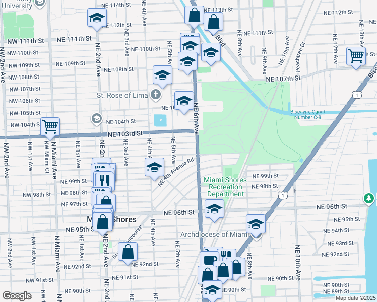 map of restaurants, bars, coffee shops, grocery stores, and more near 561 Northeast 101st Street in Miami Shores