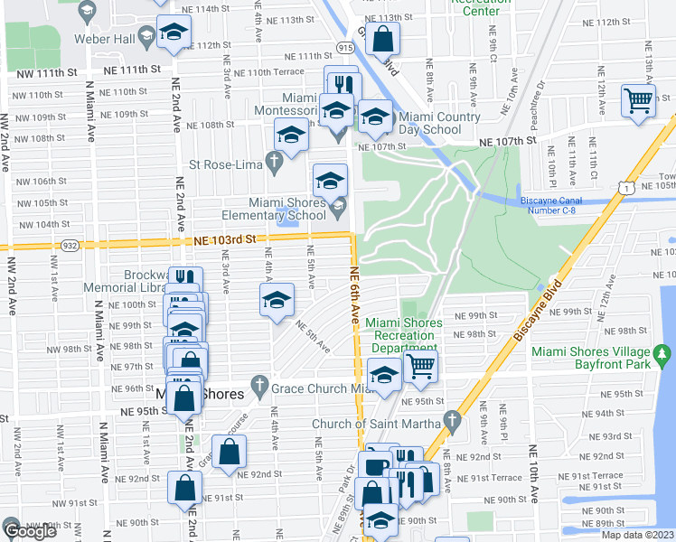 map of restaurants, bars, coffee shops, grocery stores, and more near 561 Northeast 101st Street in Miami Shores