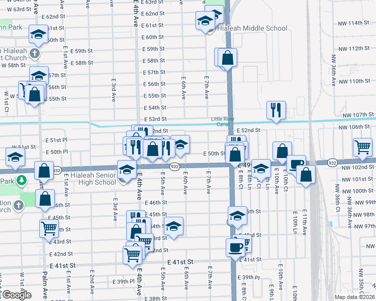 map of restaurants, bars, coffee shops, grocery stores, and more near 590 East 51st Street in Hialeah