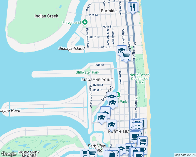 map of restaurants, bars, coffee shops, grocery stores, and more near 757 83rd Street in Miami Beach