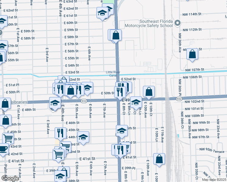 map of restaurants, bars, coffee shops, grocery stores, and more near 748 East 51st Street in Hialeah