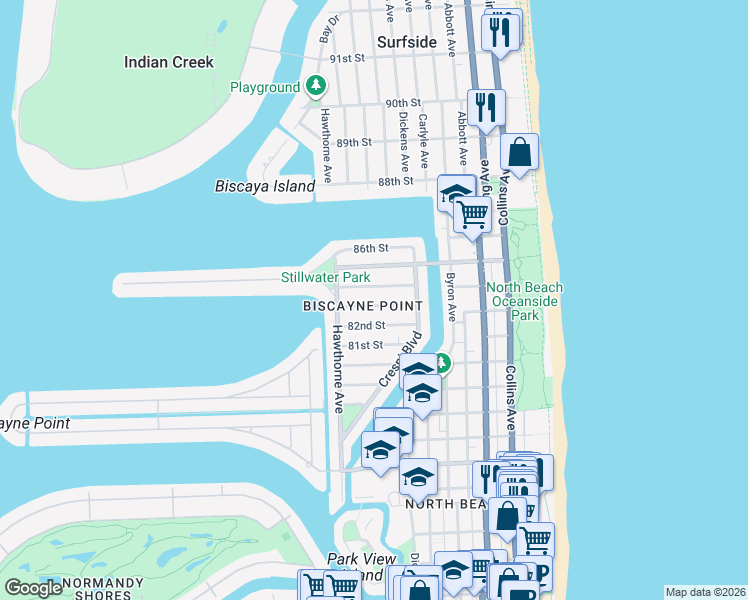 map of restaurants, bars, coffee shops, grocery stores, and more near 735 83rd Street in Miami Beach