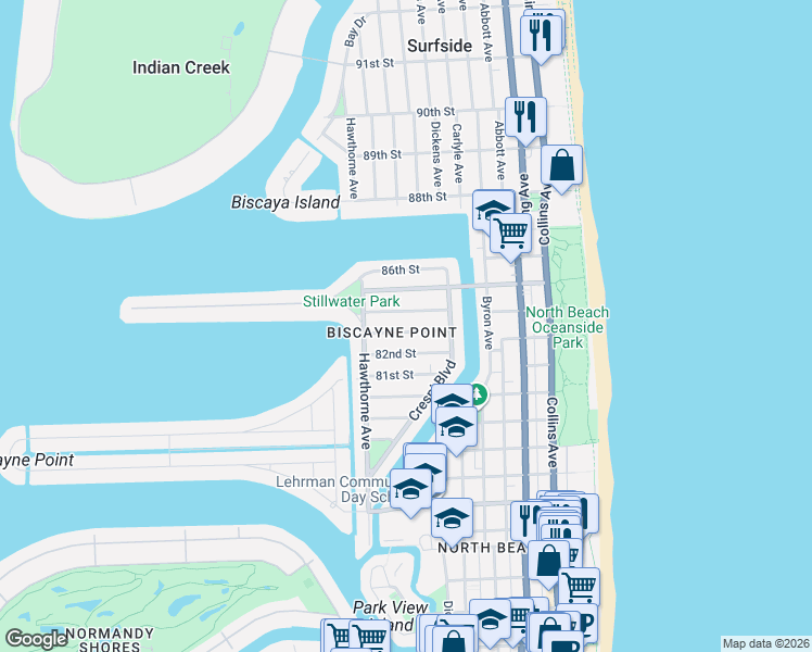 map of restaurants, bars, coffee shops, grocery stores, and more near 745 84th Street in Miami Beach